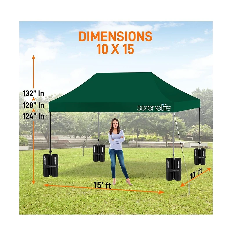 Pop Commercial Instant Shelter 10x15 ft Waterproof Polyester Tent Portable Wheeled Carry Sand Bag Forest Green