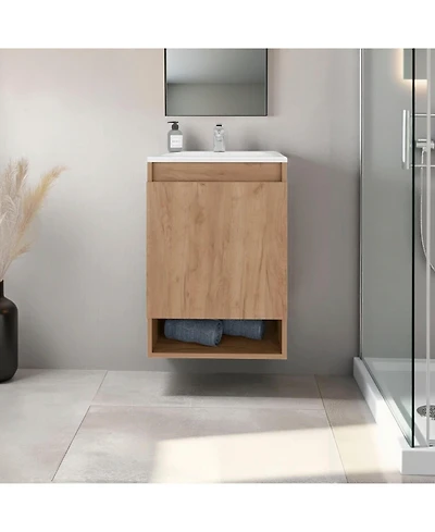 Fm Furniture Wright Wall-Mounted Bathroom Vanity with Sink, 2 Doors, Open Shelf, Integrated Basin, Natural Oak