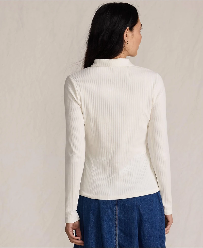 Lands' End Women's Long Sleeve Pointelle Rib Keyhole Polo Top