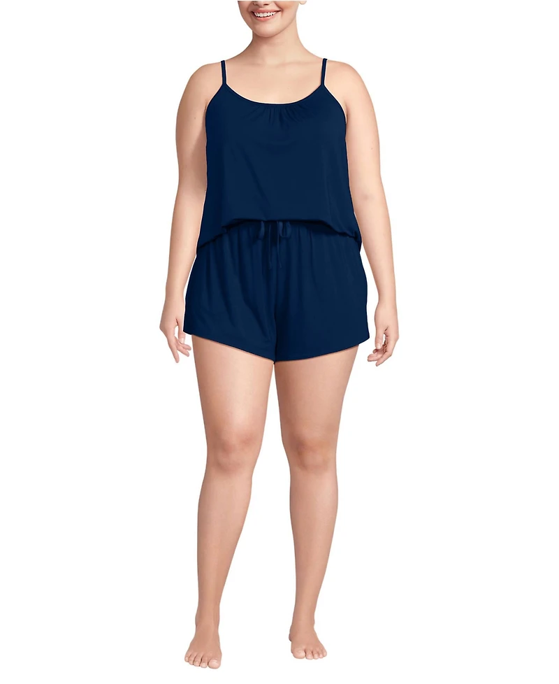 Lands' End Plus Cooling 3 Piece Pajama Set - Long Sleeve Top Cami and Shorts