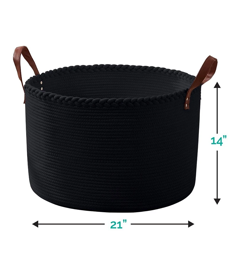 Ornavo Home 21" Large Round Cotton Rope Storage Basket Laundry Hamper with Faux Leather Handles