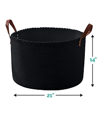 Ornavo Home 21" Large Round Cotton Rope Storage Basket Laundry Hamper with Faux Leather Handles