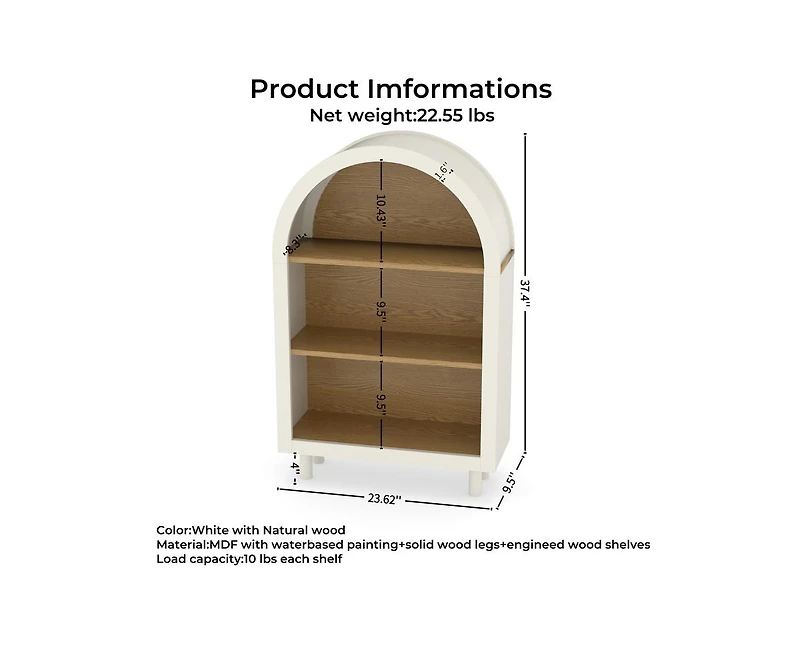 Casainc Arched 3-Tier Storage Cabinet Small Bookcase with 3 Shelves