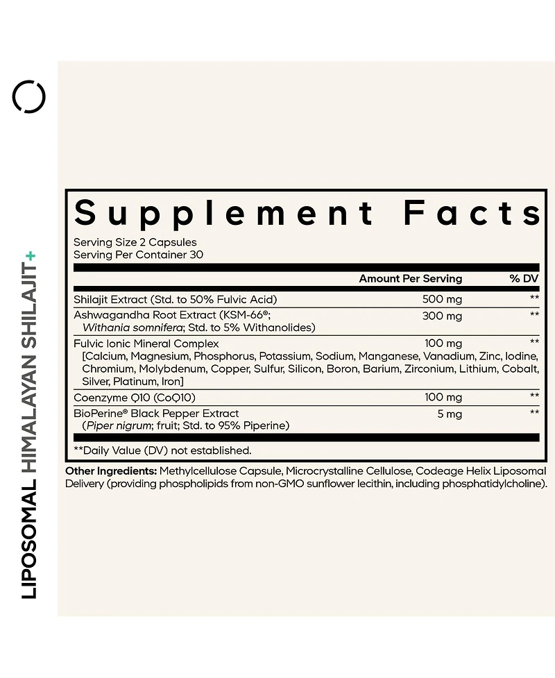 Codeage Liposomal Himalayan Shilajit+ Supplement - 500 mg Shilajit, Ksm-66 Ashwagandha, CoQ10, Fulvic Ionic Minerals, Calcium, Magnesium, BioPerine