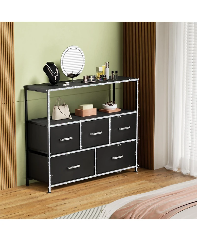 Mr Ironstone Dresser Tv Stand, Entertainment Center with 5 Fabric Drawers, Media Console Table for Tv with Open Storage Shelf Dresser for Bedroom/Livi