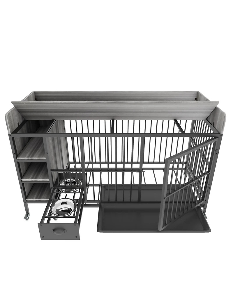 Aostirmotor 57 in. W x 33 in. H x 24 in. D Large Pet Cage with Storage Rack Drawers with Stainless Steel Food in Black