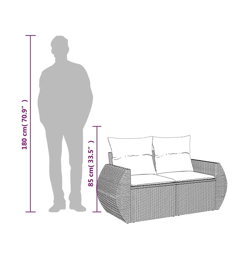 vidaXL Patio Sofa with Cushions 2-Seater Black Poly Rattan