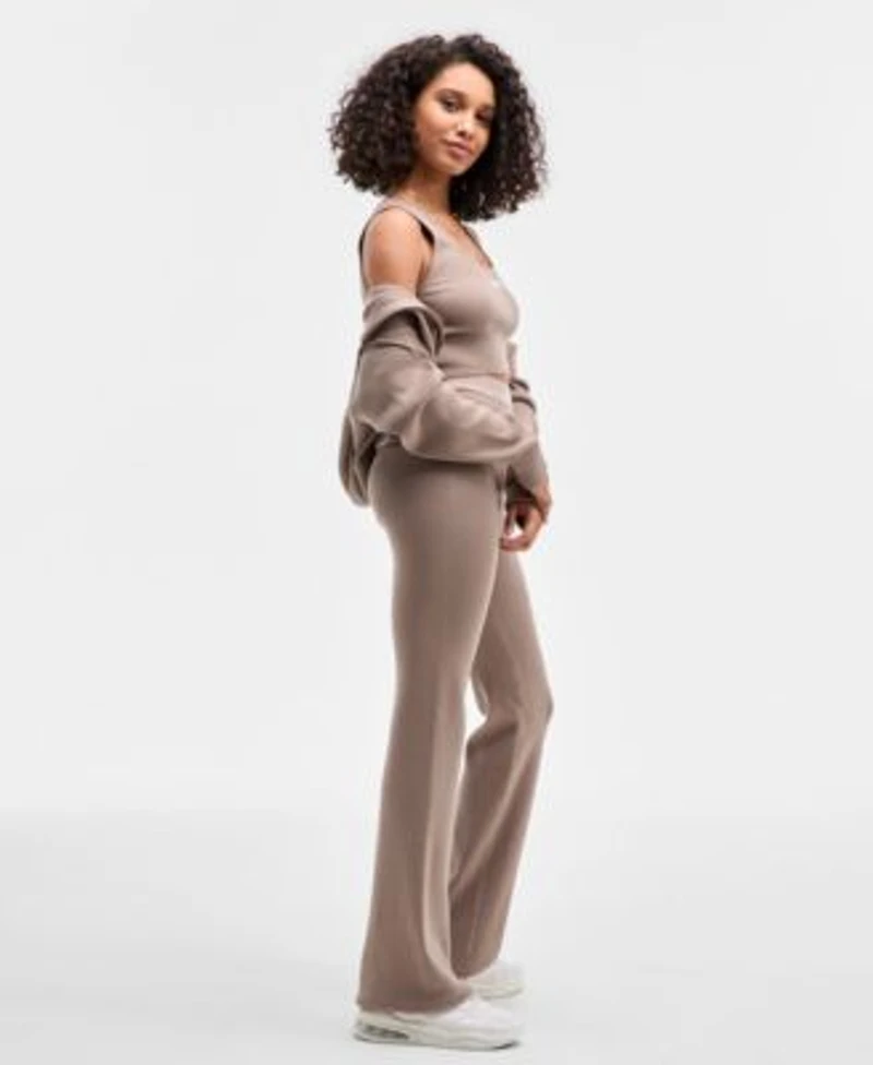 Guess Womens Flaminia Ribbed Zipped Hoodie Sweater Bralette Top Ribbed Sweater Flare Pants