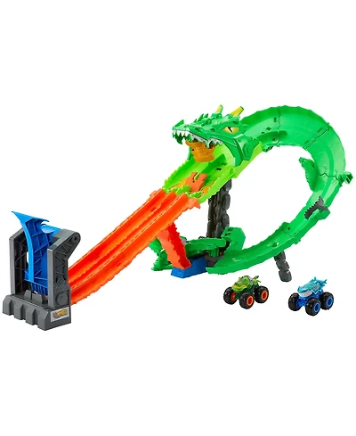 Hot Wheels Monster Trucks Sharks vs Dinos Dragon Destruction Playset and Trucks