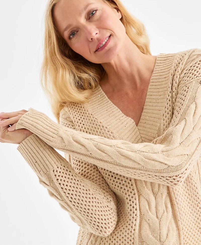 Style & Co Women's Sequin V-Neck Cable-Knit Pullover Sweater, Macy's Exclusive
