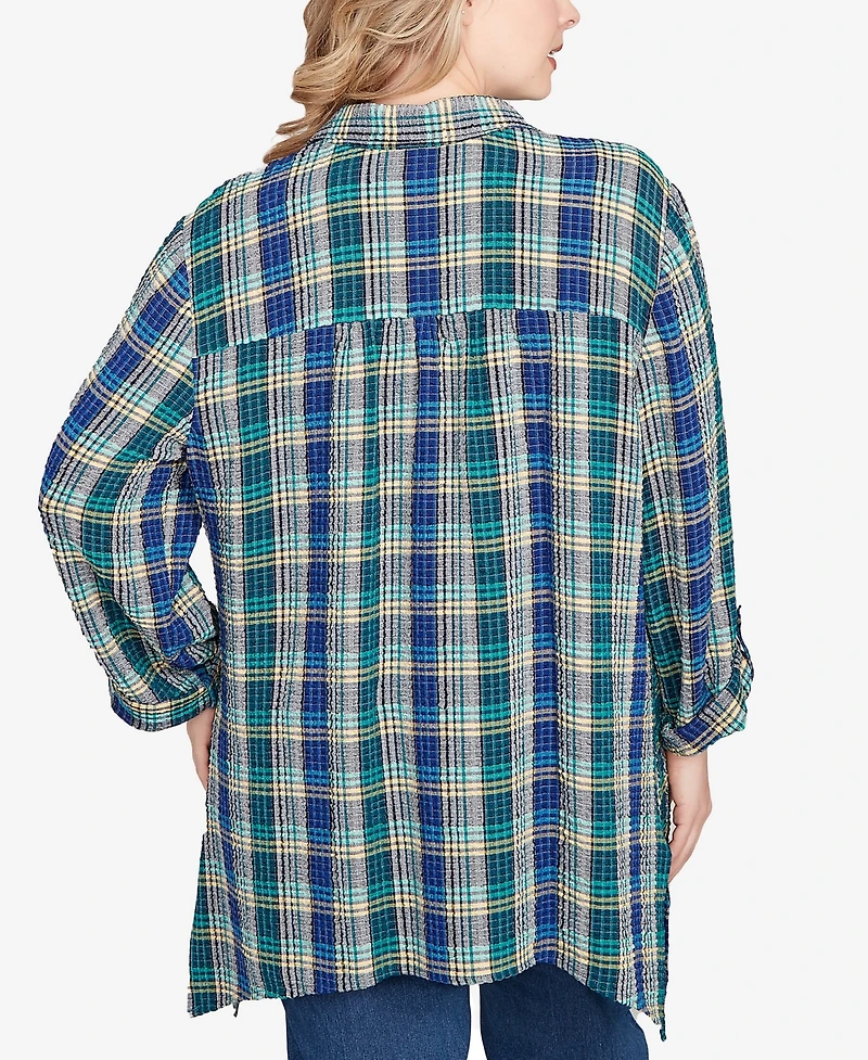 Ruby Rd. Plus Embroidered Plaid Button Down Top