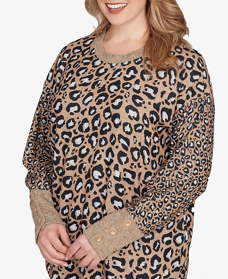 Ruby Rd. Plus Sweater Trimmed Cozy Animal Print Top