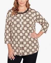 Ruby Rd. Plus Mesh Textured Geo Puff Print Top