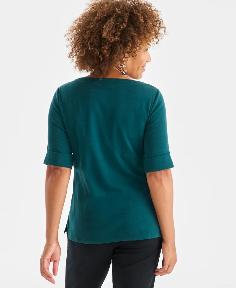 Style & Co Women's Boat-Neck Elbow Sleeve Cotton Top, Exclusively at Macy's