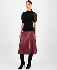 T Tahari Women's Ribbed Faux-Leather-Sleeve Top