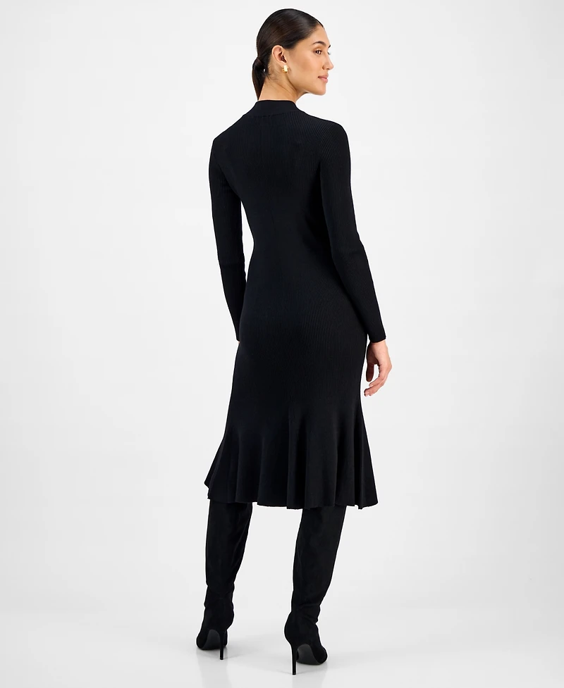 T Tahari Women's Long-Sleeve Ribbed Bodycon Flare Dress
