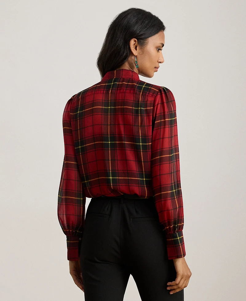 Lauren Ralph Petite Plaid Print Tie Neck Top
