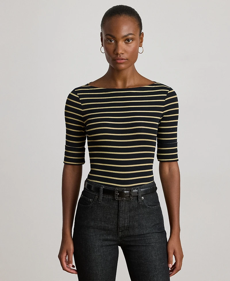 Lauren Ralph Petite Metallic Striped Boat Neck T-Shirt
