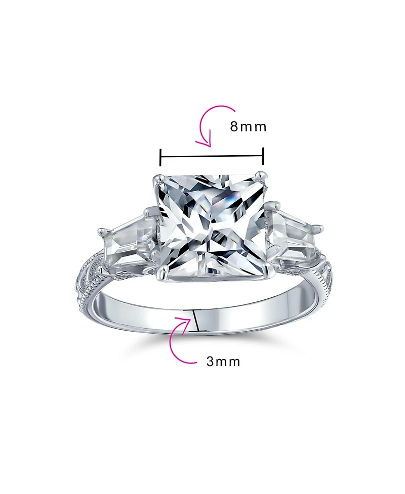 Bling Jewelry Classic 3CT Princess Cut Cz Solitaire Ring with Baguette Accents Sterling Silver
