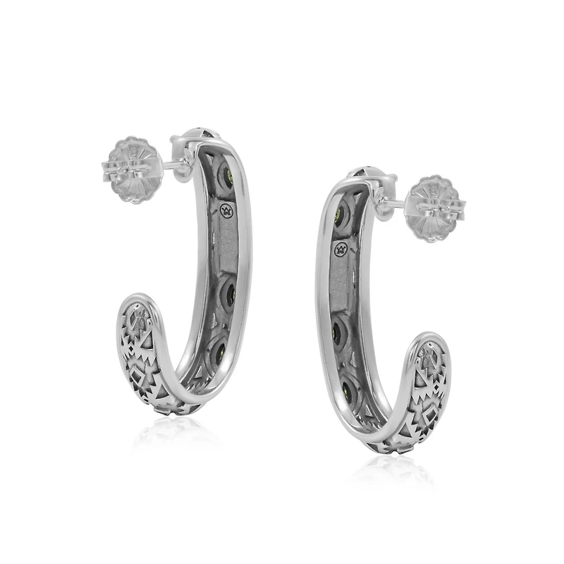 American West Jewelry Sterling Silver Green Serpentine Patterned J-Hoop 1 Inch Earrings