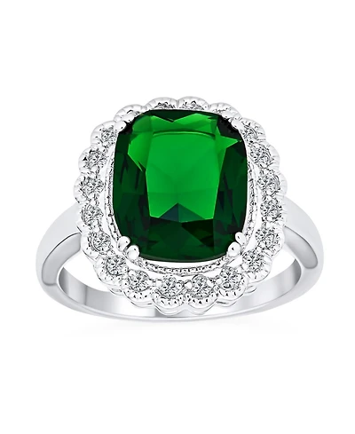 Bling Jewelry Art Deco Style Rectangle Large Cubic Zirconia Solitaire Green Emerald Cut with Cz Halo 10CT Cocktail Statement Ring Silver Plated