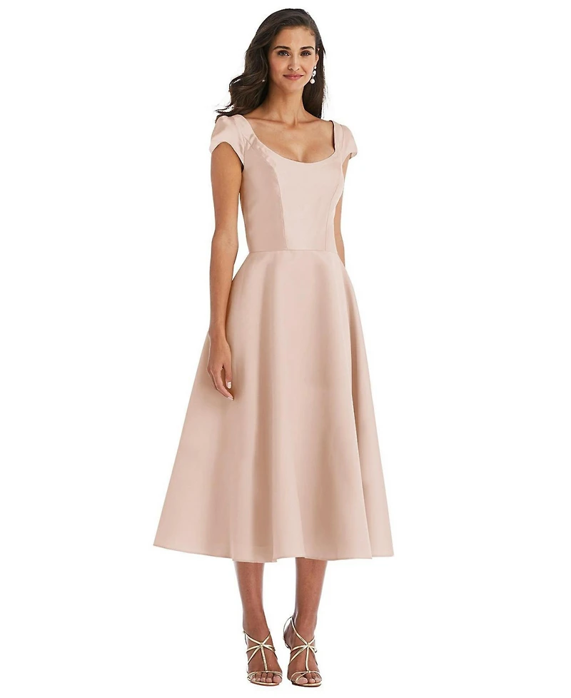 Alfred Sung Plus Puff Cap Sleeve Full Skirt Satin Midi Dress