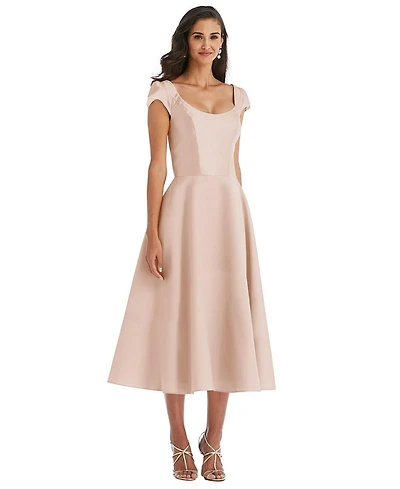Alfred Sung Plus Puff Cap Sleeve Full Skirt Satin Midi Dress
