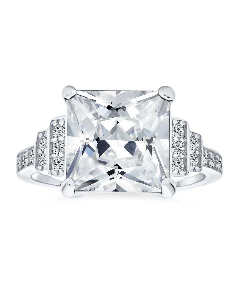 Bling Jewelry Sterling Silver Art Deco Style 5CTW Clear Princess Cut Cz Statement Ring with Stepped Side Stones