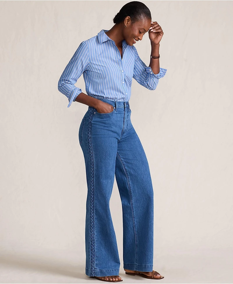 Lands' End Women's Petite Soft Denim High Rise Wide Leg Braided Jeans
