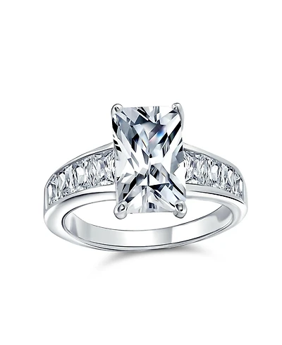 Bling Jewelry Classic Cubic Zirconia 4CT Rectangle Emerald Cut Solitaire Promise Ring Cz Side Baguette Band Sterling Silver