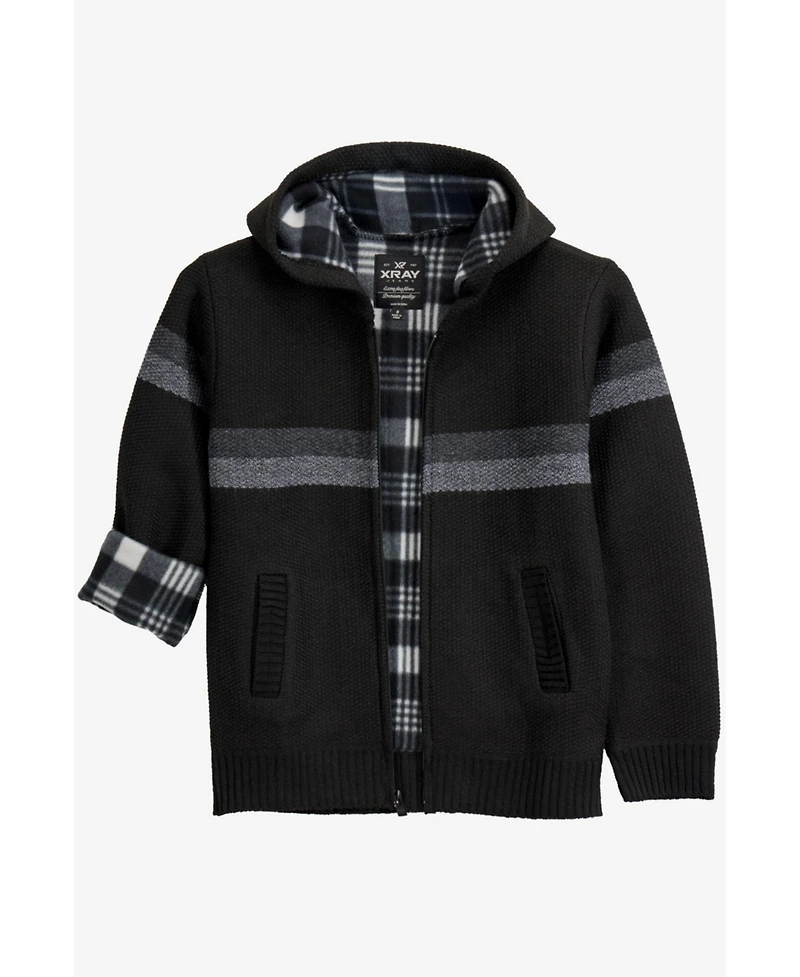 Xray Boy's Full Zip Hooded Sweater With Stripes And Faux Shearling Lining