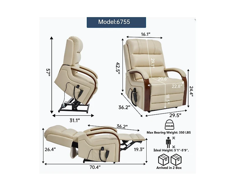 Casainc Power Leatheraire Lift Recliner Chair Dual Motor Infinite Position Up to 350 Lbs with Solid Wood Armrests, Heat Massage and Heavy Duty Motion