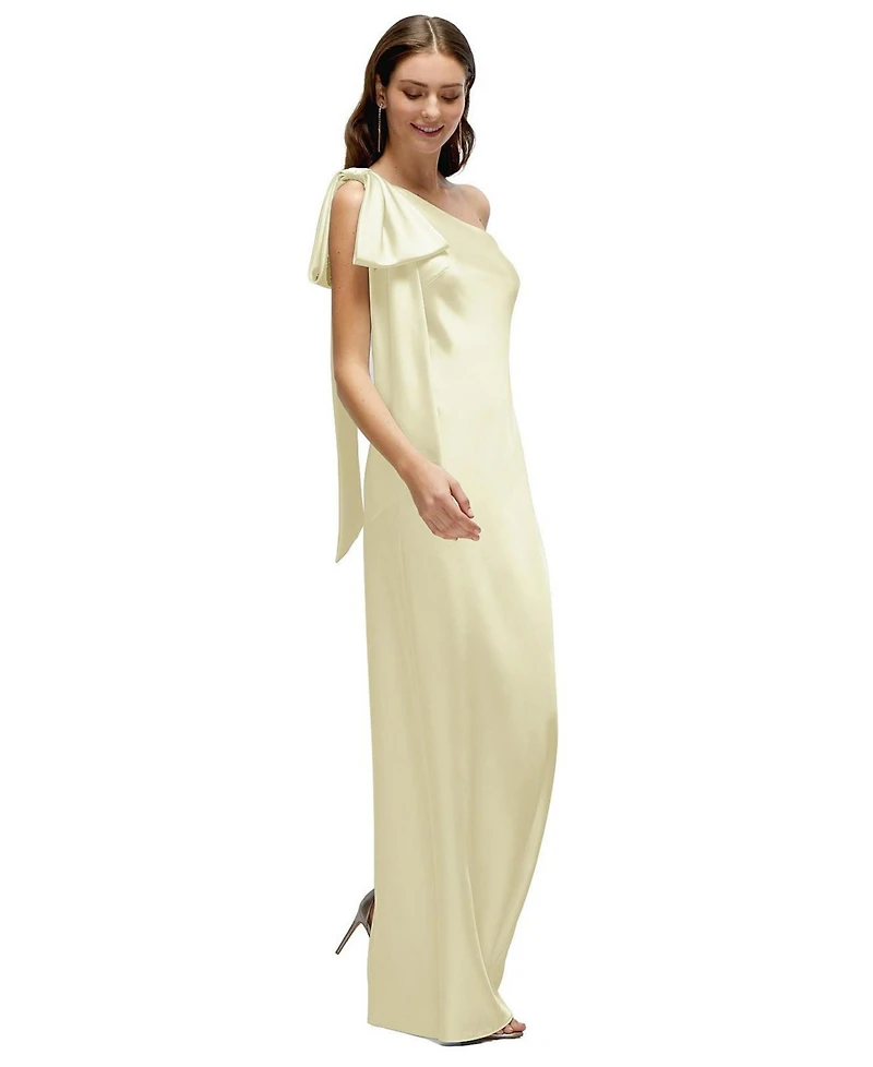After Six Women's One-Shoulder Bias-Cut Satin Maxi Dress with Cascading Shoulder Bow