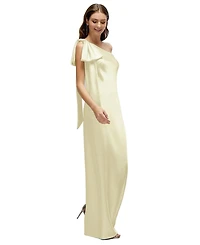 After Six Women's One-Shoulder Bias-Cut Satin Maxi Dress with Cascading Shoulder Bow