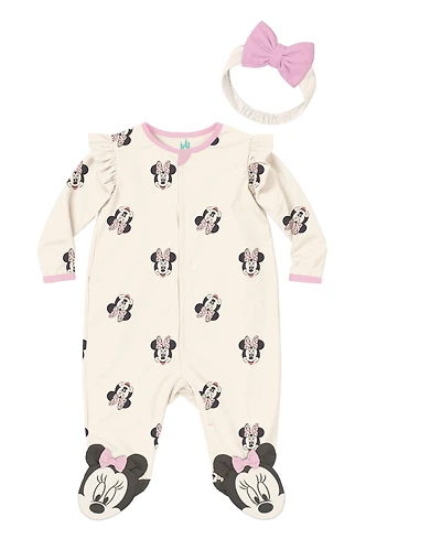 Disney Baby Girls 2-Piece Minnie Mouse Sleep-and-Play Coverall and Headband Set
