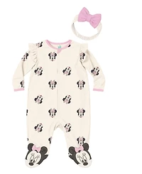 Disney Baby Girls 2-Piece Minnie Mouse Sleep-and-Play Coverall and Headband Set