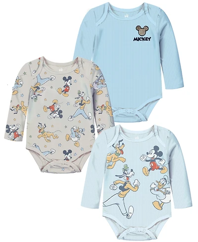Disney Baby Boys 3-Pack Mickey Mouse Printed Long Sleeve Bodysuit Set