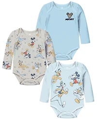 Disney Baby Boys 3-Pack Mickey Mouse Printed Long Sleeve Bodysuit Set