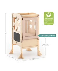 Guidecraft Classic Kitchen Helper Kids' Step Stool - Natural: Foldable and Adjustable Wooden Toddler Tower for Learning with Keeper