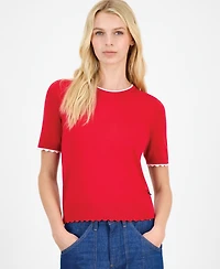 Nautica Women's Scallop-Trim Short Sleeve Crewneck Sweater