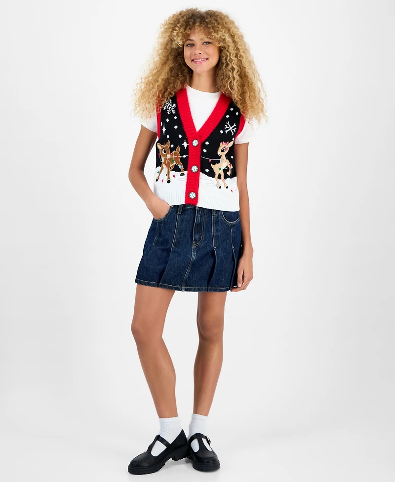 Hooked Up by Iot Juniors' Rudolph Sleeveless Holiday Sweater Vest