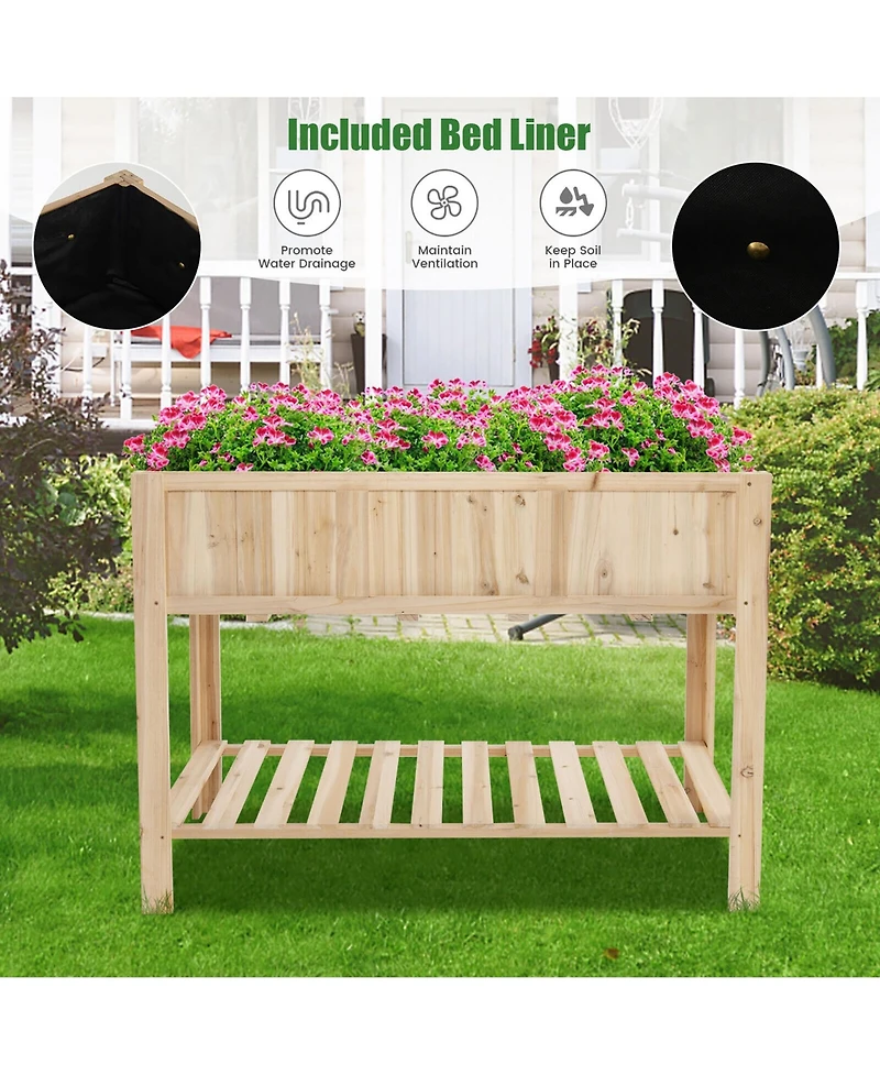 Gymax 47'' Wooden Raised Garden Bed w/Bottom Shelf & Bed Liner Outdoor Elevated Planter Box