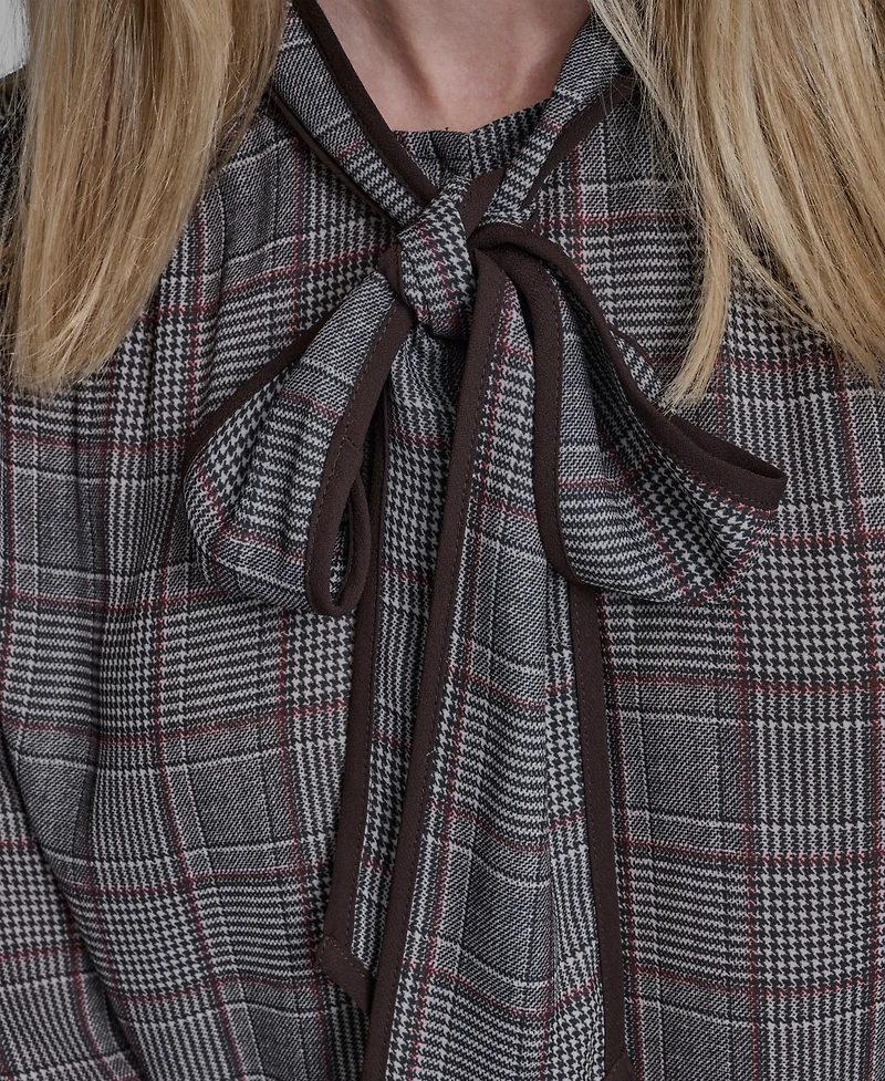 Bcbg Women's Plaid Long Sleeve Tie Neck Top