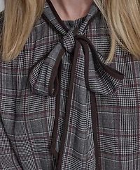 Bcbg Women's Plaid Long Sleeve Tie Neck Top