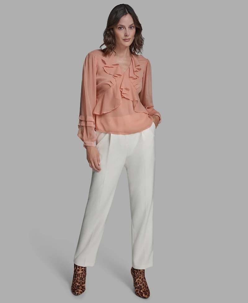 Bcbg Women's Long Sleeve Ruffle V-Neck Blouse