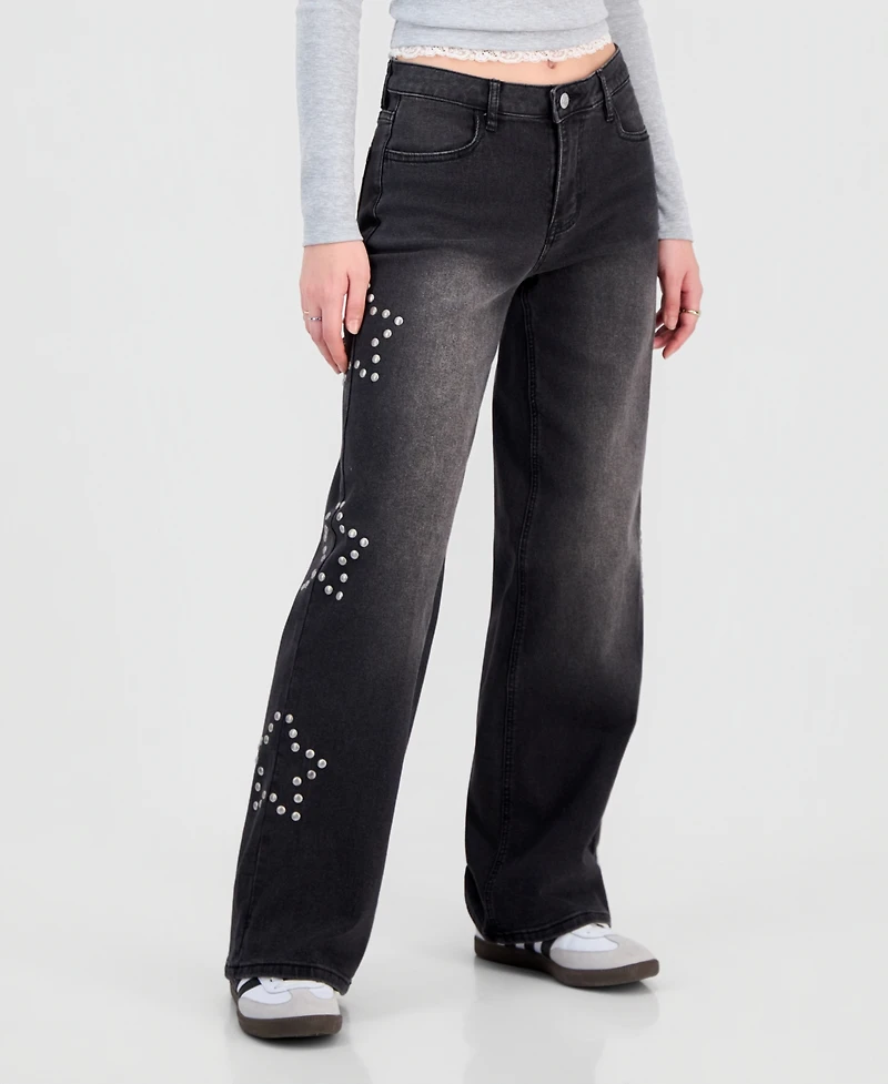 Madden Girl Juniors' 90s Wide-Leg Star Studded Jeans