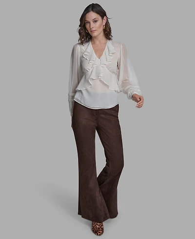 Bcbg Women's Long Sleeve Ruffle V-Neck Blouse