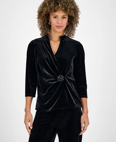 Kasper Petite Velvet Embellished Wrap Top