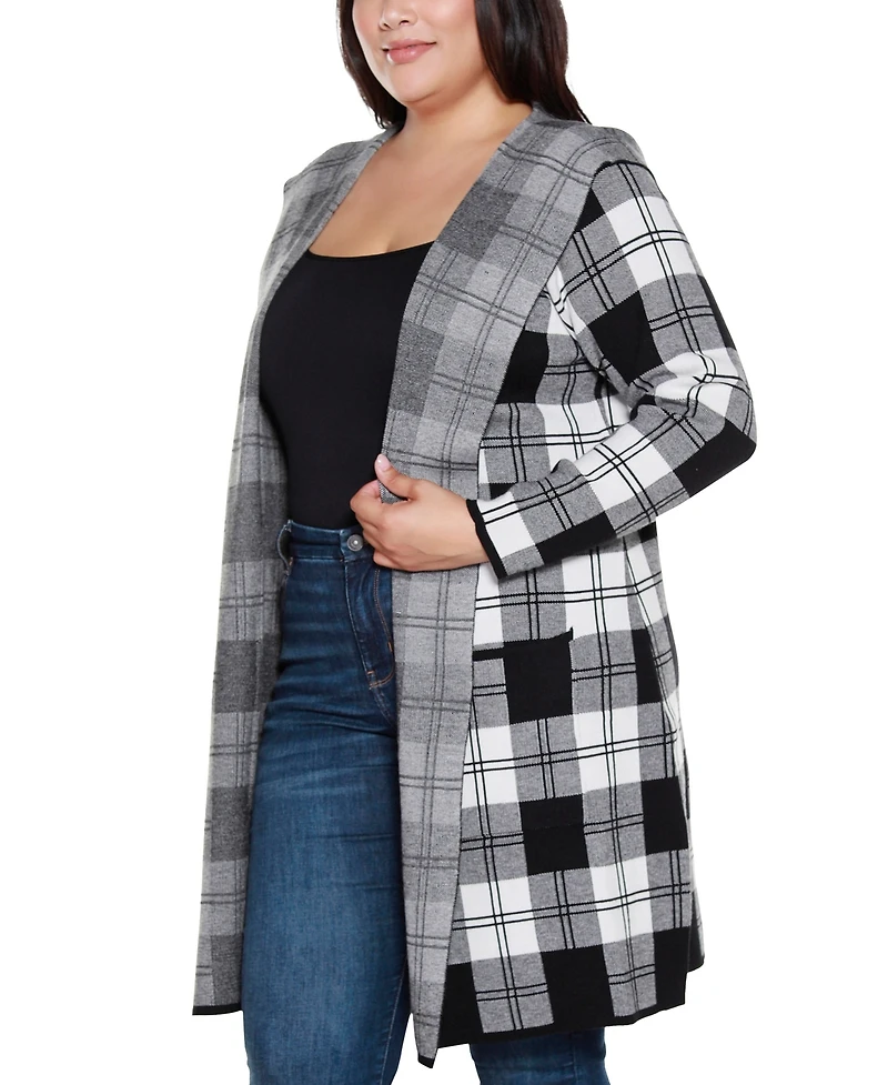 Belldini Plus Size Hooded Checkered Plaid Cardigan Sweater
