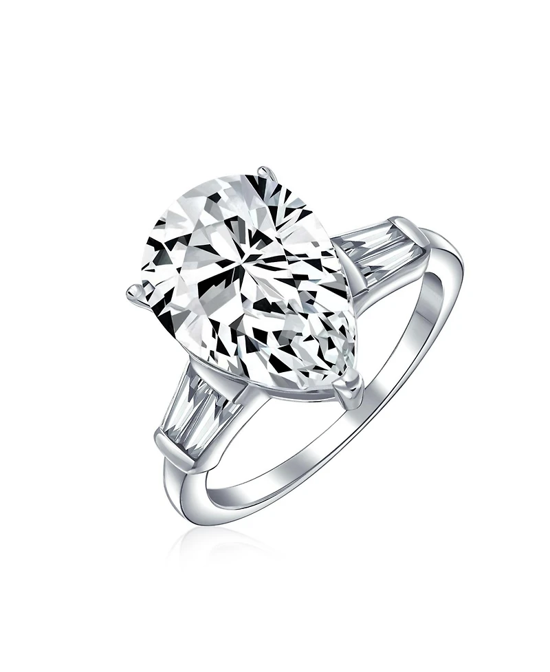 Bling Jewelry 7CT Cz Pear Shaped Solitaire Teardrop Promise Statement Ring Cubic Zirconia Side Baguette Sterling Silver
